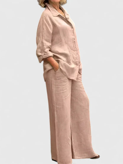 Elegant Two-Piece Set for Women Linen Wide-Leg Button-Front