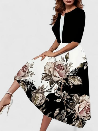 Elegant Midi Dress for Women Floral-Print Contrast-Bodice