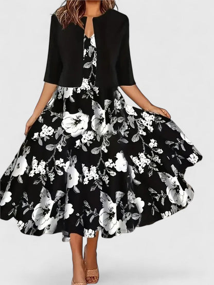 Elegant Midi Dress for Women Floral-Print Contrast-Bodice