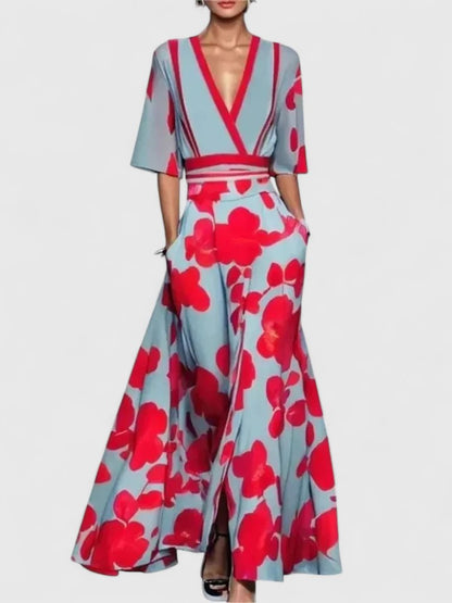Elegant Wide-Leg Jumpsuit for Women V-Neck Floral-Print