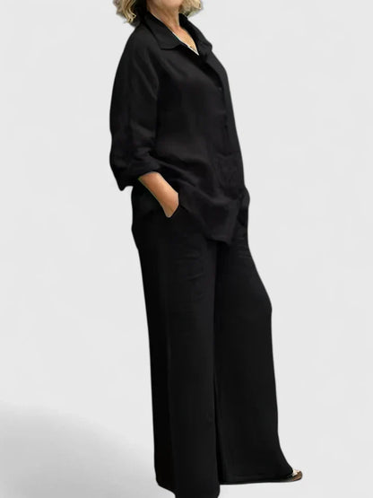 Elegant Two-Piece Set for Women Linen Wide-Leg Button-Front