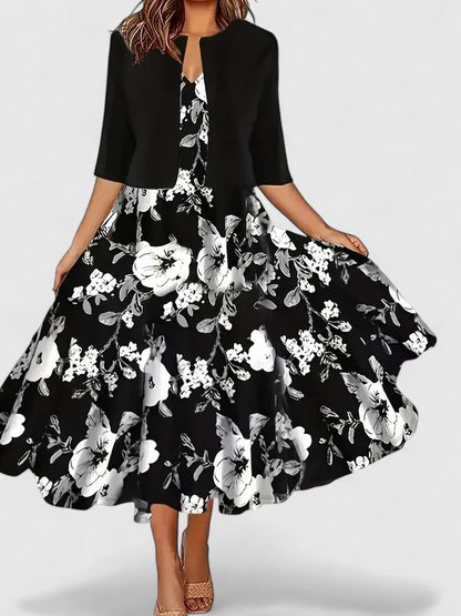 Elegant Midi Dress for Women Floral-Print Contrast-Bodice