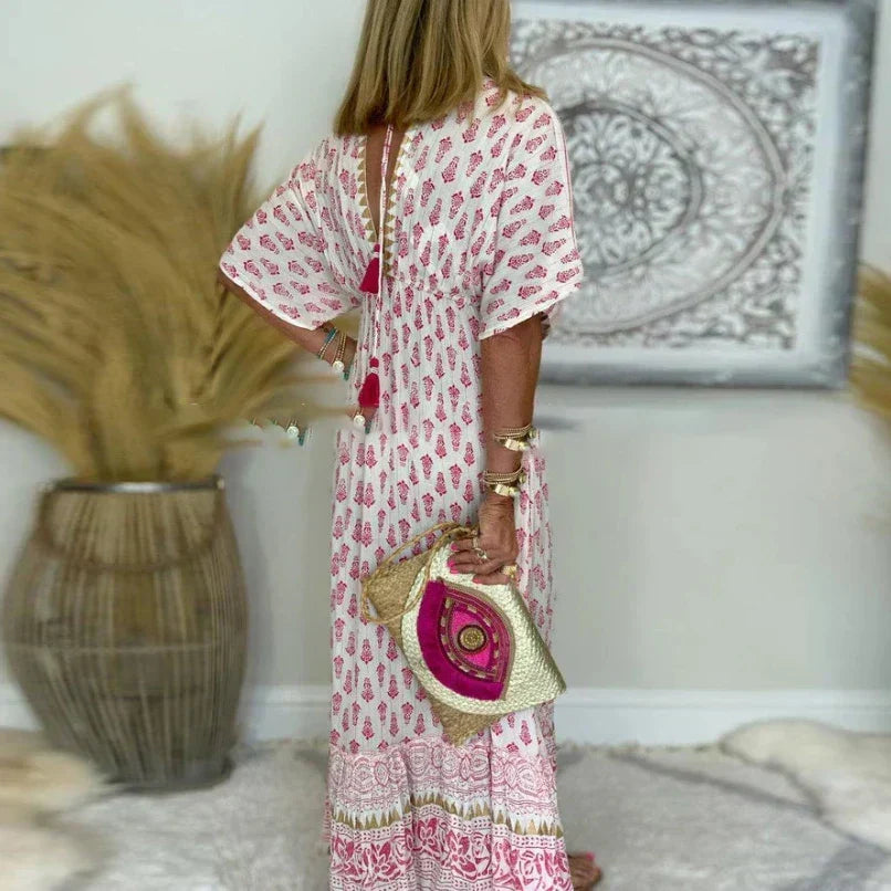 Effortless Printed Maxi Dress for Women Short-Sleeve Tassel-Trim