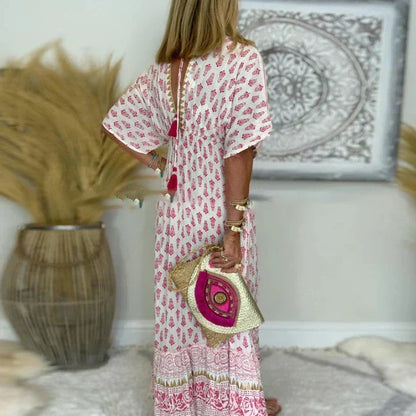 Effortless Printed Maxi Dress for Women Short-Sleeve Tassel-Trim