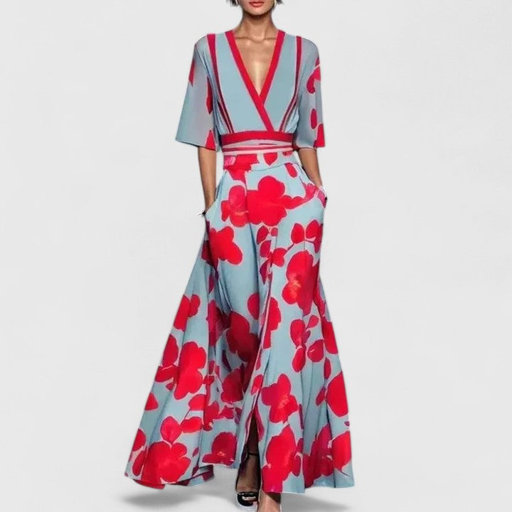 Elegant Wide-Leg Jumpsuit for Women V-Neck Floral-Print