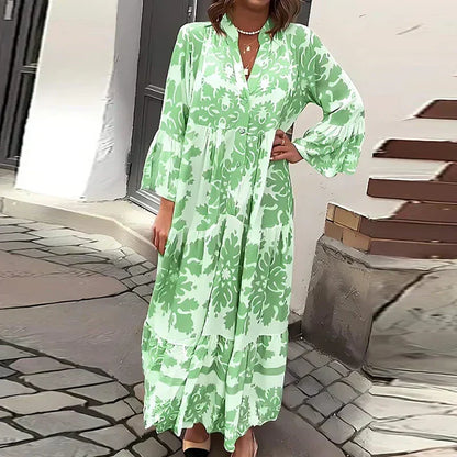 Effortless Printed Maxi Dress for Women Long-Sleeve Bell-Sleeve
