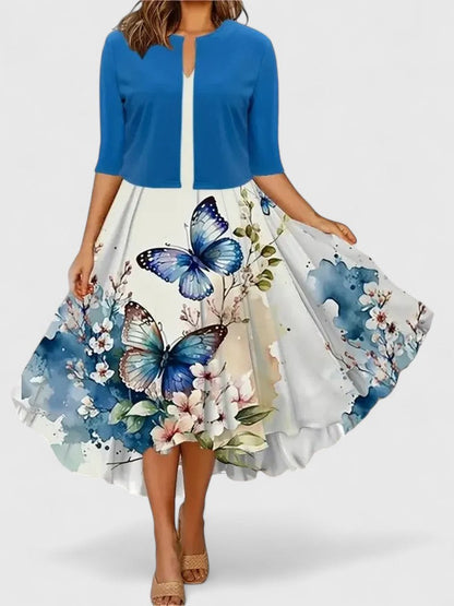Elegant Midi Dress for Women Floral-Print Contrast-Bodice