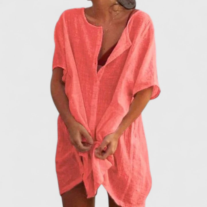 Effortless Tunic Dress for Women Linen Button-Front Knot-Tie