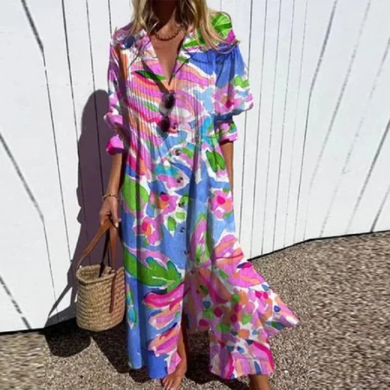 Effortless Floral Maxi Dress for Women V-Neck Long-Sleeve