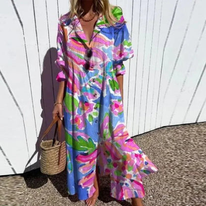 Effortless Floral Maxi Dress for Women V-Neck Long-Sleeve