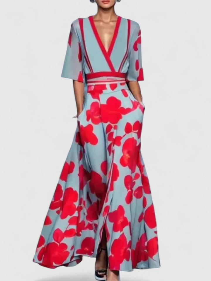 Elegant Wide-Leg Jumpsuit for Women V-Neck Floral-Print