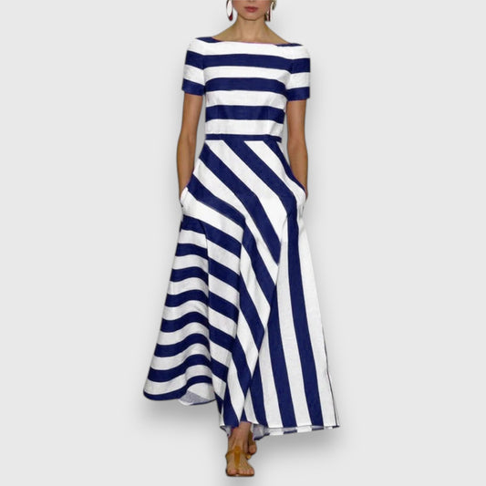 Elegant Striped Maxi Dress for Women Boat-Neck Short-Sleeve