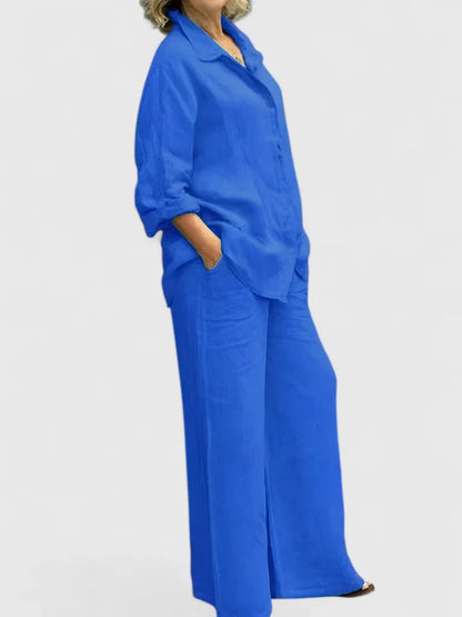 Elegant Two-Piece Set for Women Linen Wide-Leg Button-Front