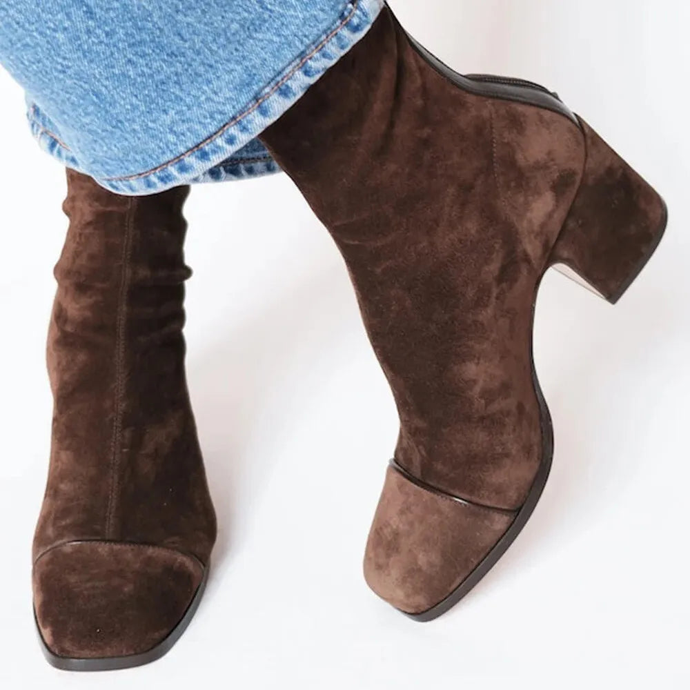 Stylish Ankle Boots for Women Suede Contrast-Stripe Block-Heel