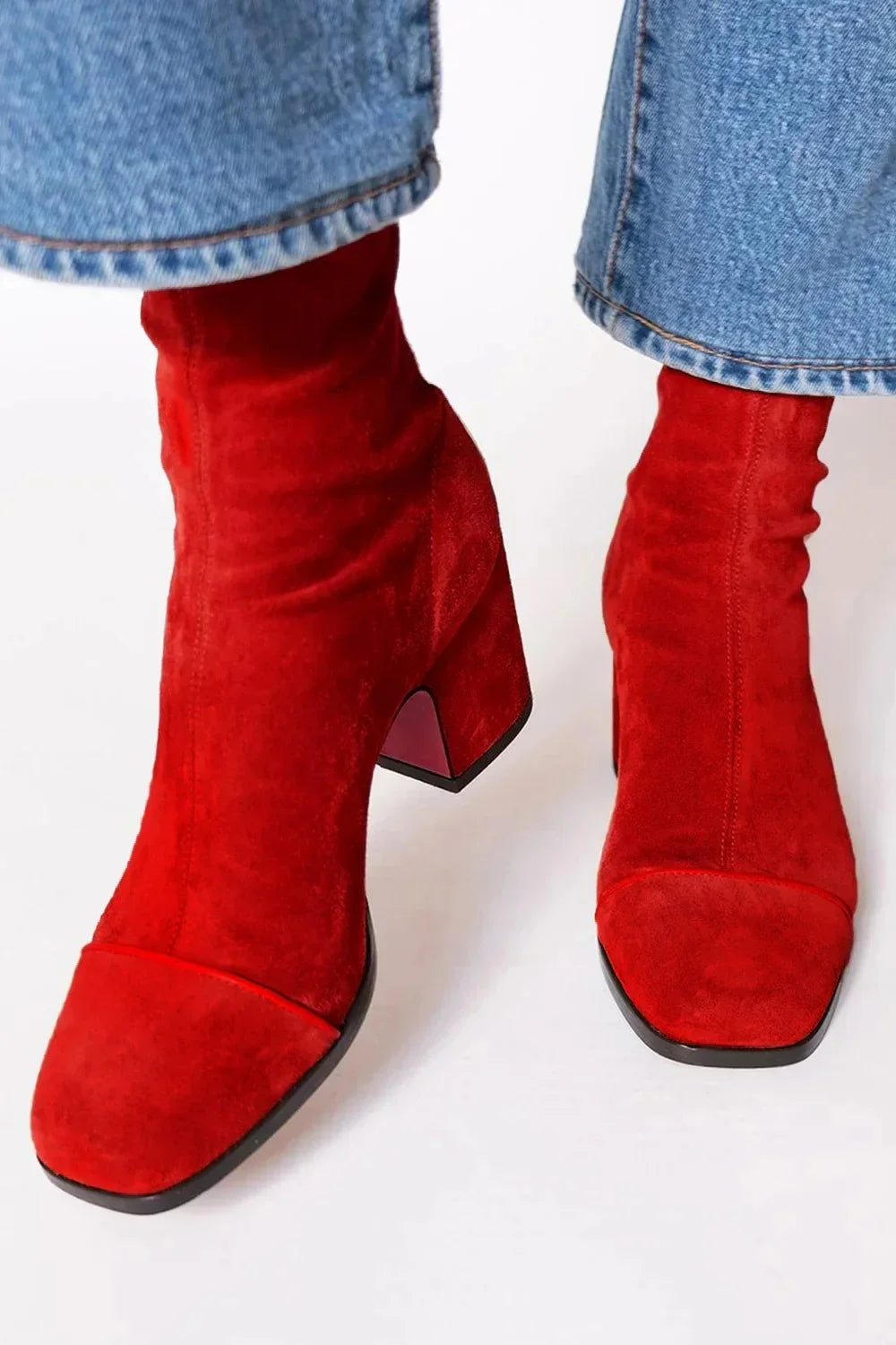 Stylish Ankle Boots for Women Suede Contrast-Stripe Block-Heel