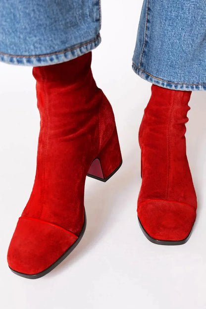Stylish Ankle Boots for Women Suede Contrast-Stripe Block-Heel