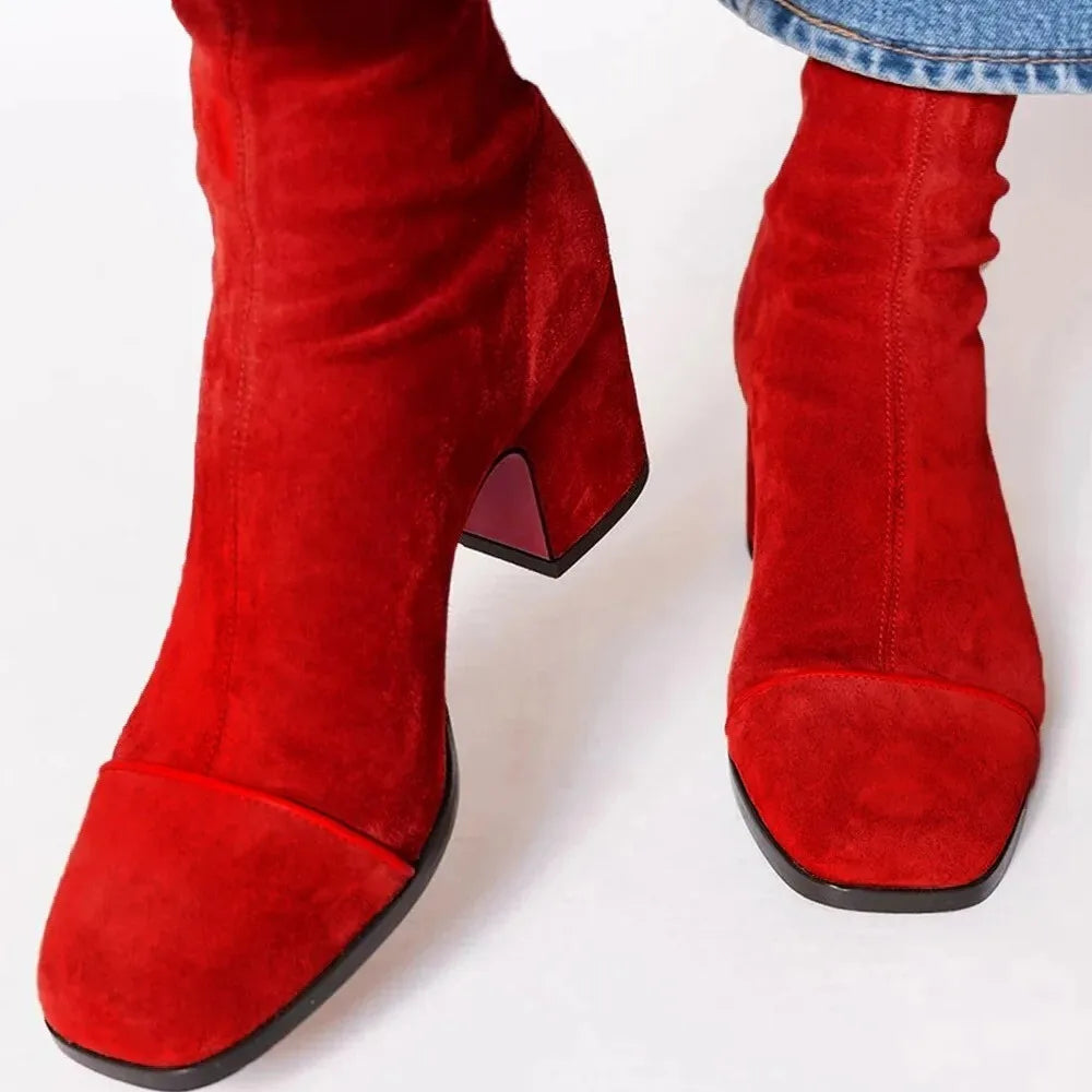 Stylish Ankle Boots for Women Suede Contrast-Stripe Block-Heel