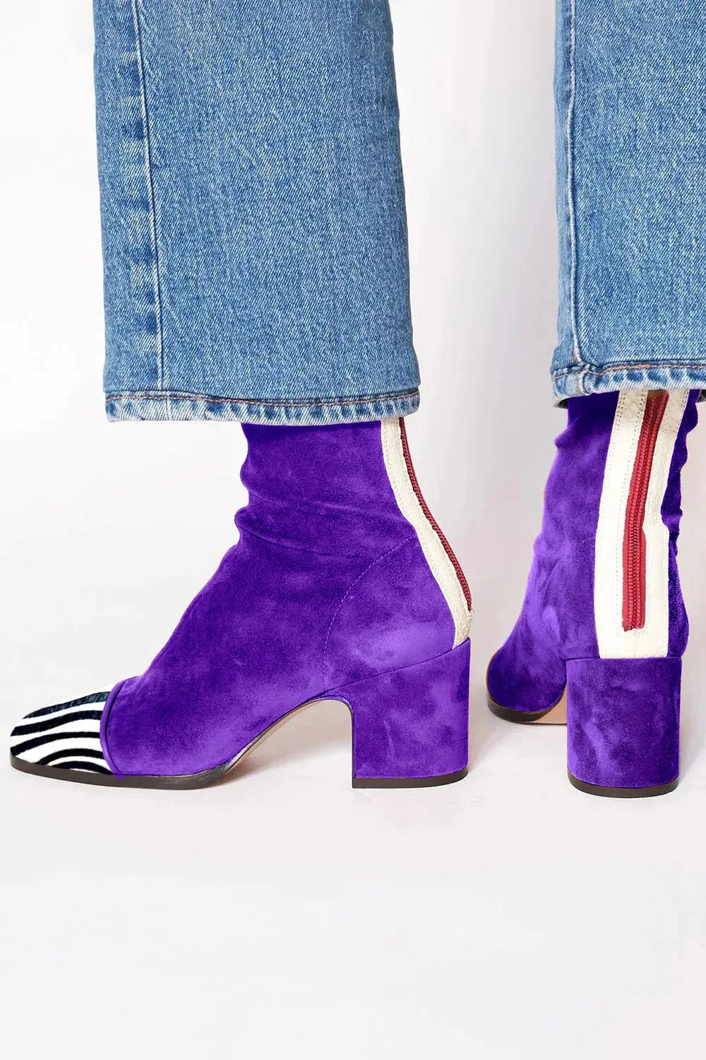 Stylish Ankle Boots for Women Suede Contrast-Stripe Block-Heel