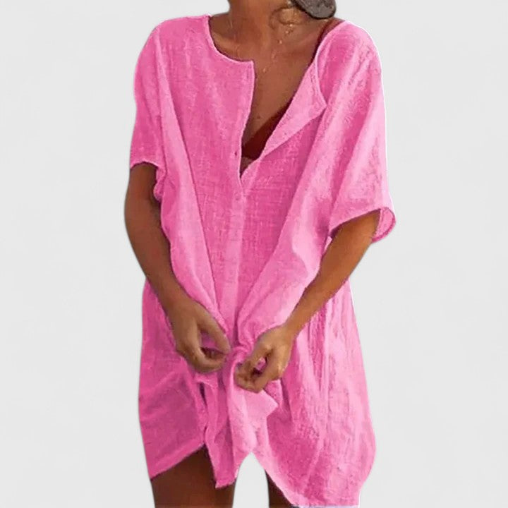 Effortless Tunic Dress for Women Linen Button-Front Knot-Tie