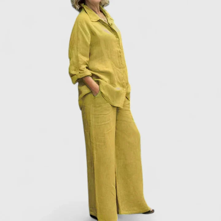 Elegant Two-Piece Set for Women Linen Wide-Leg Button-Front