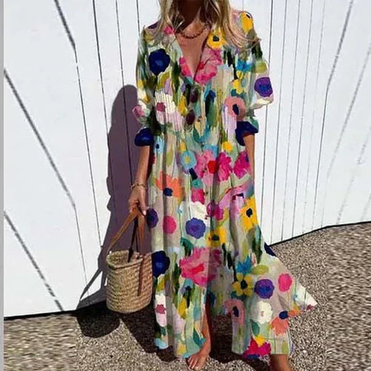 Effortless Floral Maxi Dress for Women V-Neck Long-Sleeve