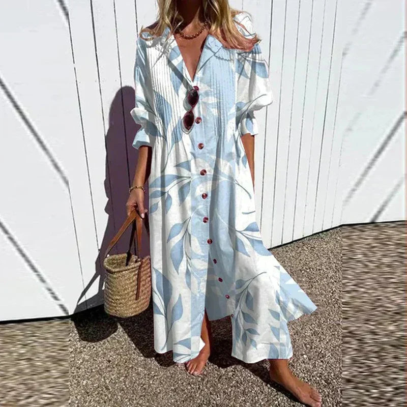 Effortless Floral Maxi Dress for Women V-Neck Long-Sleeve