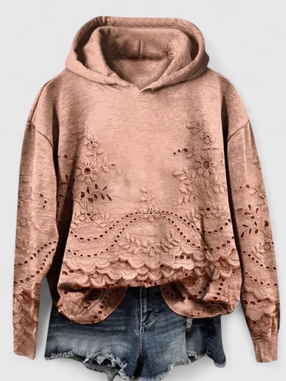Comfortable Hoodie for Women Floral-Embroidered Eyelet Scalloped-Hem