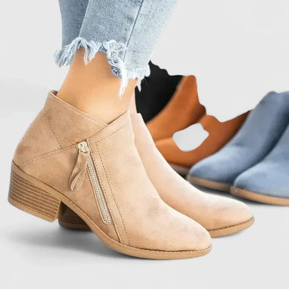 Stylish Ankle Boots for Women Suede Zip-Up Block-Heel