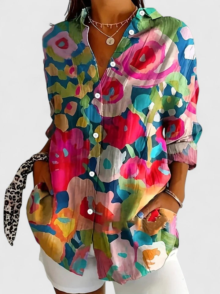 Elegant Blouse for Women Floral-Print Button-Front Long-Sleeve