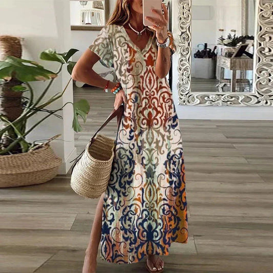 Effortless Printed Maxi Dress for Women V-Neck Short-Sleeve