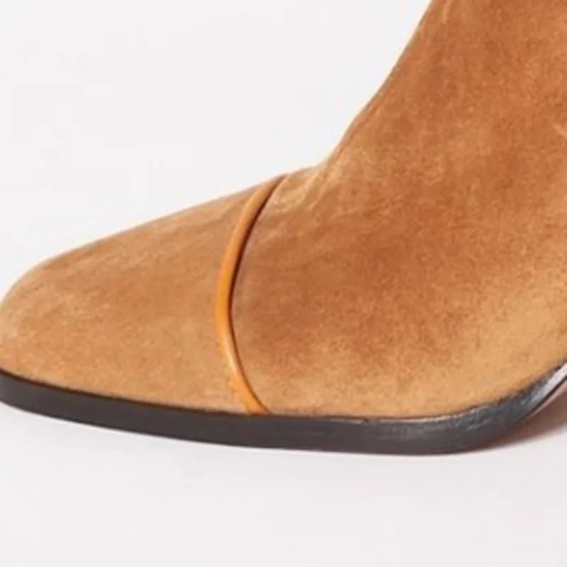 Stylish Ankle Boots for Women Suede Contrast-Stripe Block-Heel
