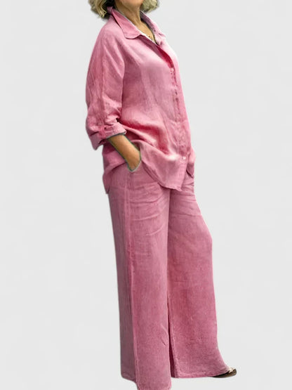 Elegant Two-Piece Set for Women Linen Wide-Leg Button-Front
