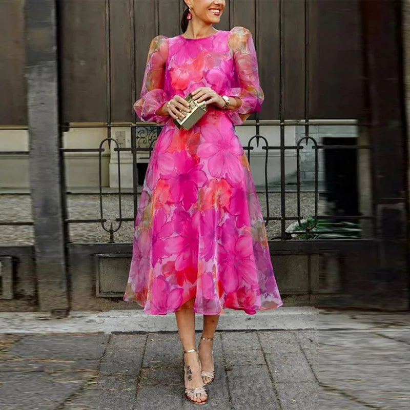 Elegant Midi Dress for Women Puff-Sleeve Floral-Print