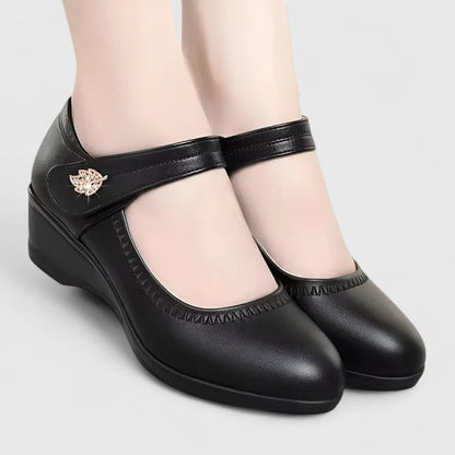 Comfortable Mary Jane Shoes for Women Buckle-Strap Wedge Round-Toe