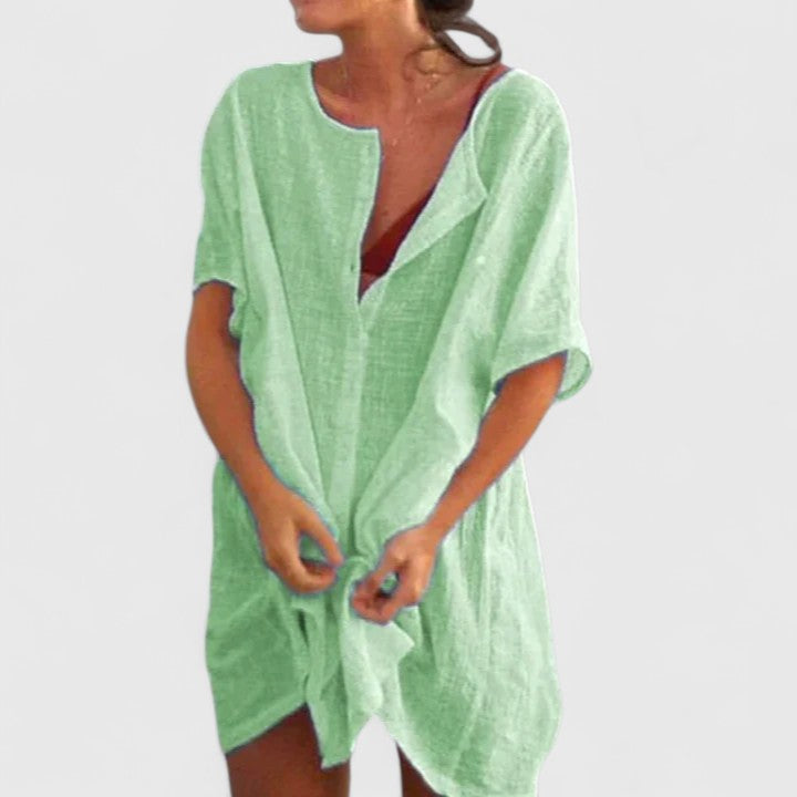 Effortless Tunic Dress for Women Linen Button-Front Knot-Tie