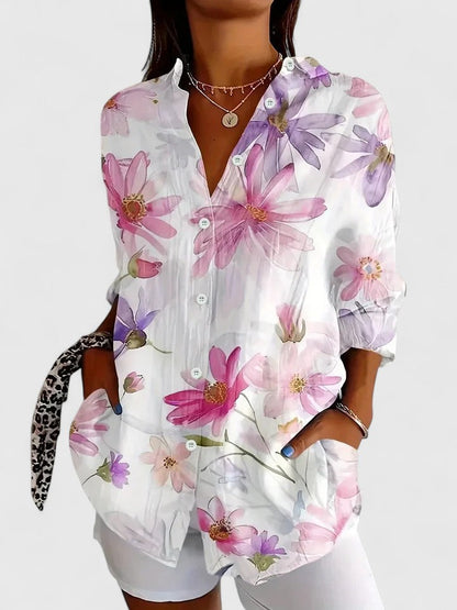 Elegant Blouse for Women Floral-Print Button-Front Long-Sleeve
