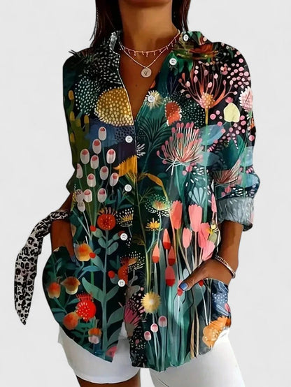 Elegant Blouse for Women Floral-Print Button-Front Long-Sleeve