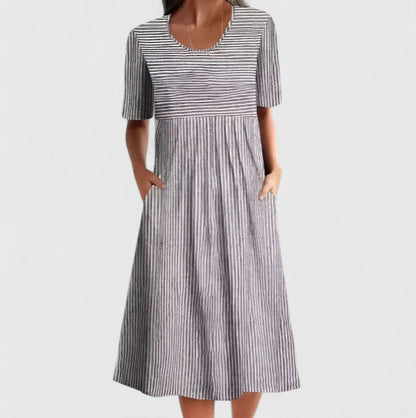 Comfortable Midi Dress for Women Round-Neck Striped Short-Sleeve