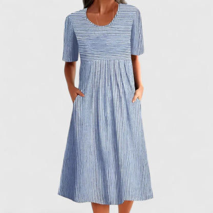 Comfortable Midi Dress for Women Round-Neck Striped Short-Sleeve