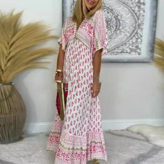 Effortless Printed Maxi Dress for Women Short-Sleeve Tassel-Trim