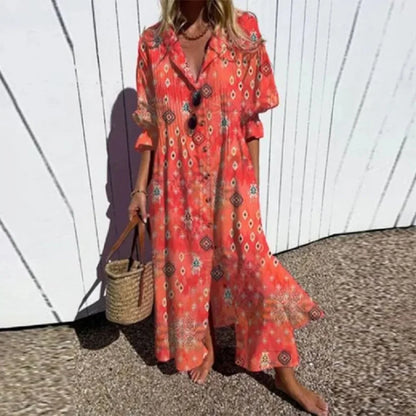 Effortless Floral Maxi Dress for Women V-Neck Long-Sleeve
