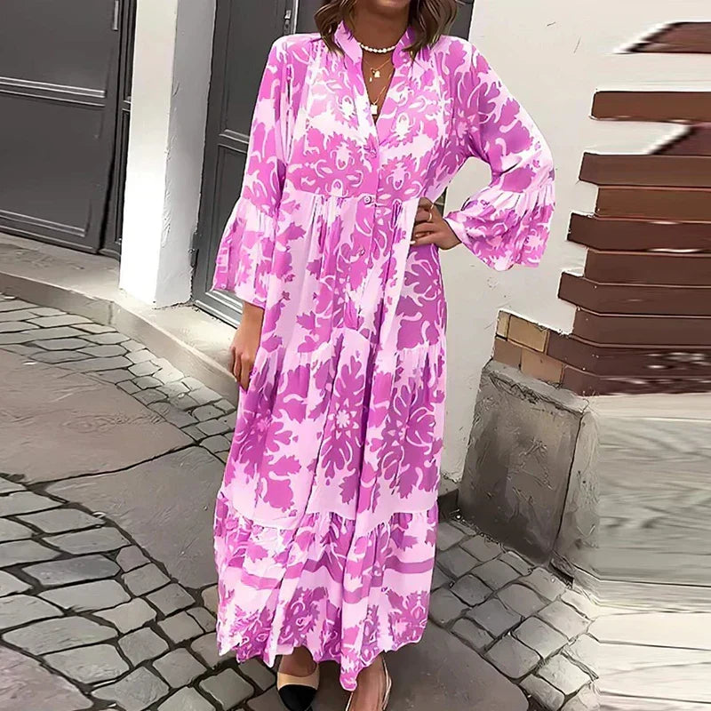 Effortless Printed Maxi Dress for Women Long-Sleeve Bell-Sleeve