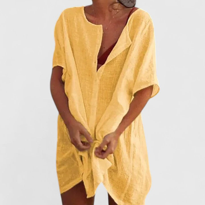 Effortless Tunic Dress for Women Linen Button-Front Knot-Tie