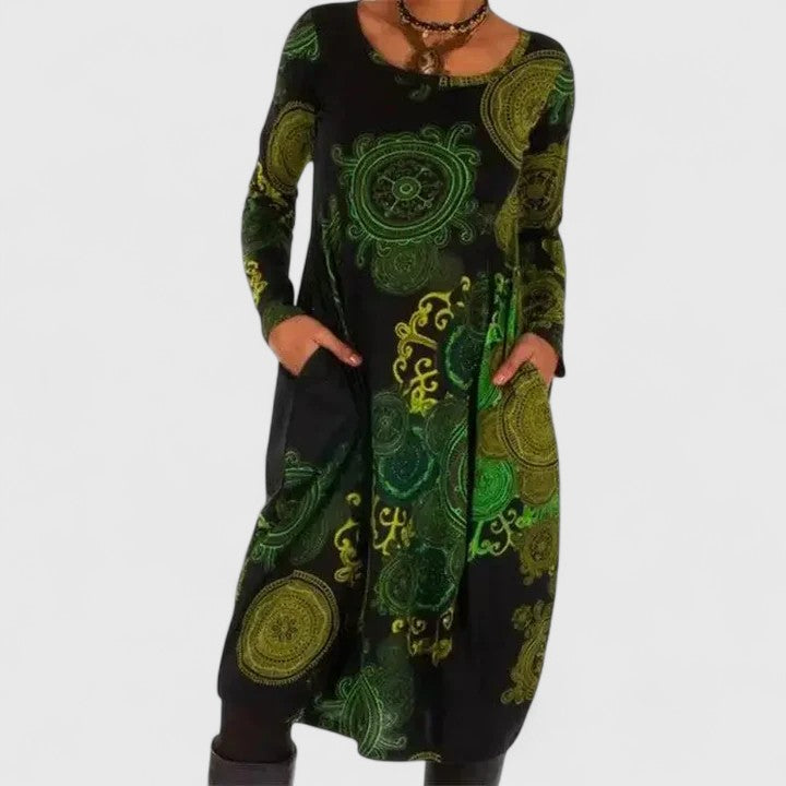 Elegant Midi Dress for Women Long-Sleeve Paisley-Print Pockets