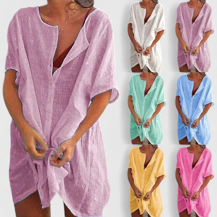 Effortless Tunic Dress for Women Linen Button-Front Knot-Tie