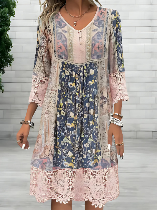 Effortless Printed Midi Dress for Women V-Neck Lace-Trim