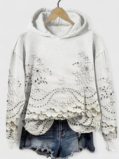 Comfortable Hoodie for Women Floral-Embroidered Eyelet Scalloped-Hem