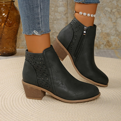 Stylish Ankle Boots for Women Perforated Zip-Up Block-Heel