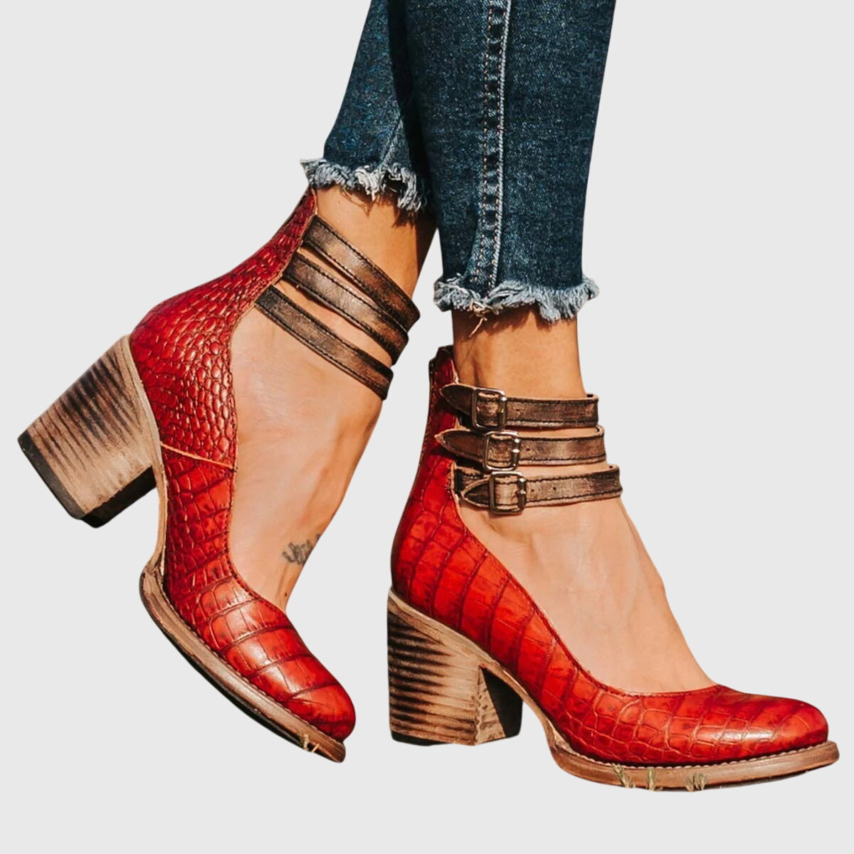 Elegant Ankle Boots for Women Buckle-Strap Block-Heel