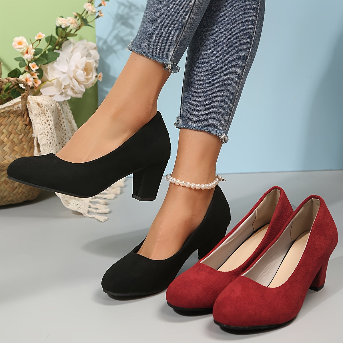 Elegant Pumps for Women Block-Heel Round-Toe Suede